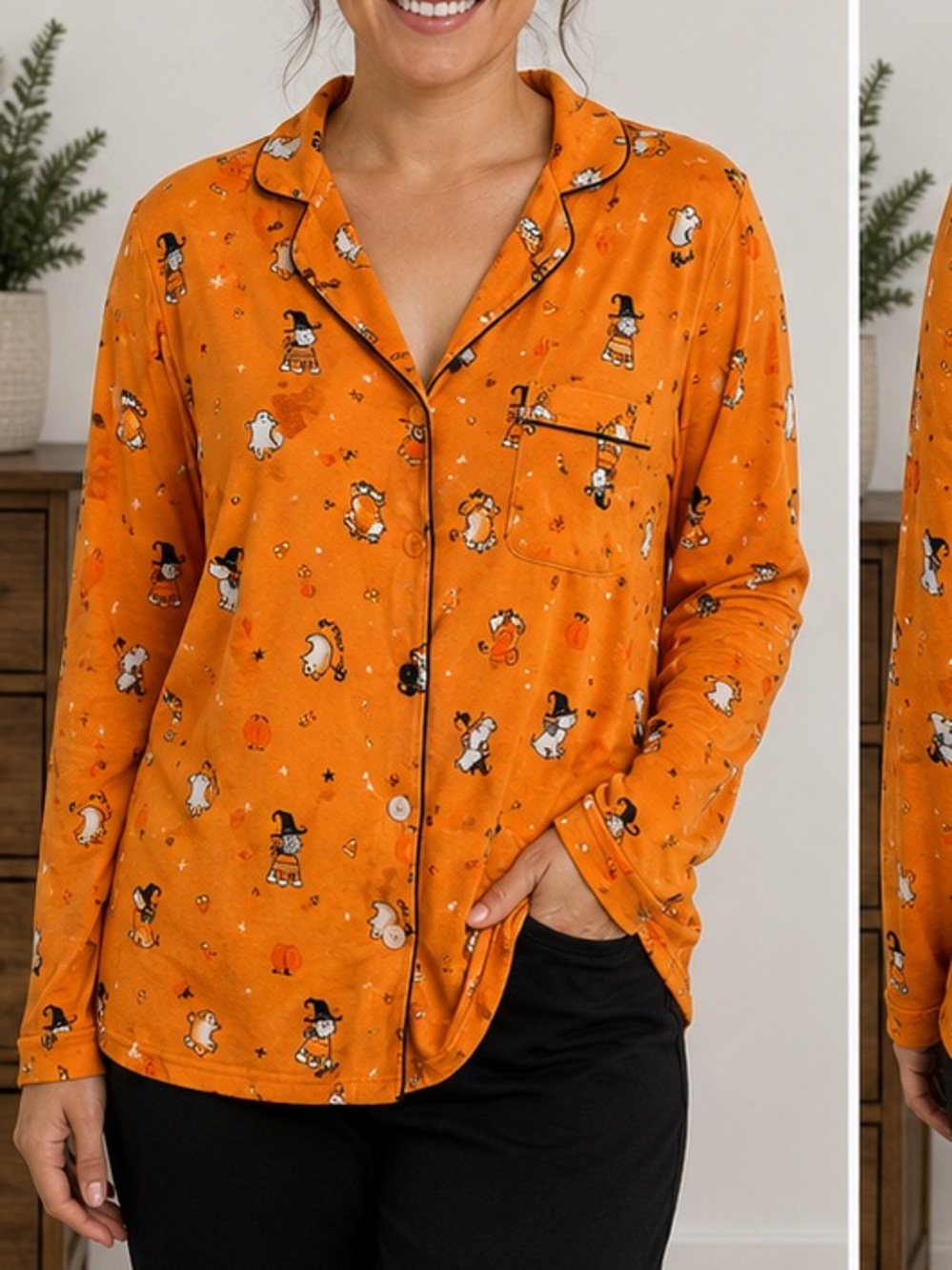 Laura Ashley snoopy Orange Halloween PJs Button-Up Top LARGE